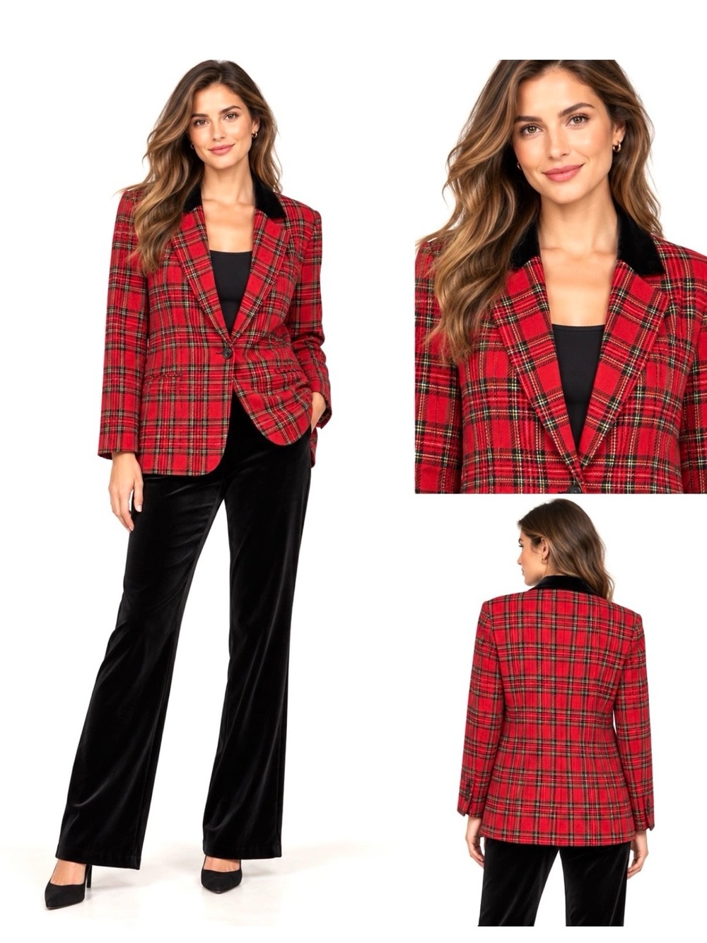 Sag Harbor Red Plaid Blazer with Black Velvet Collar